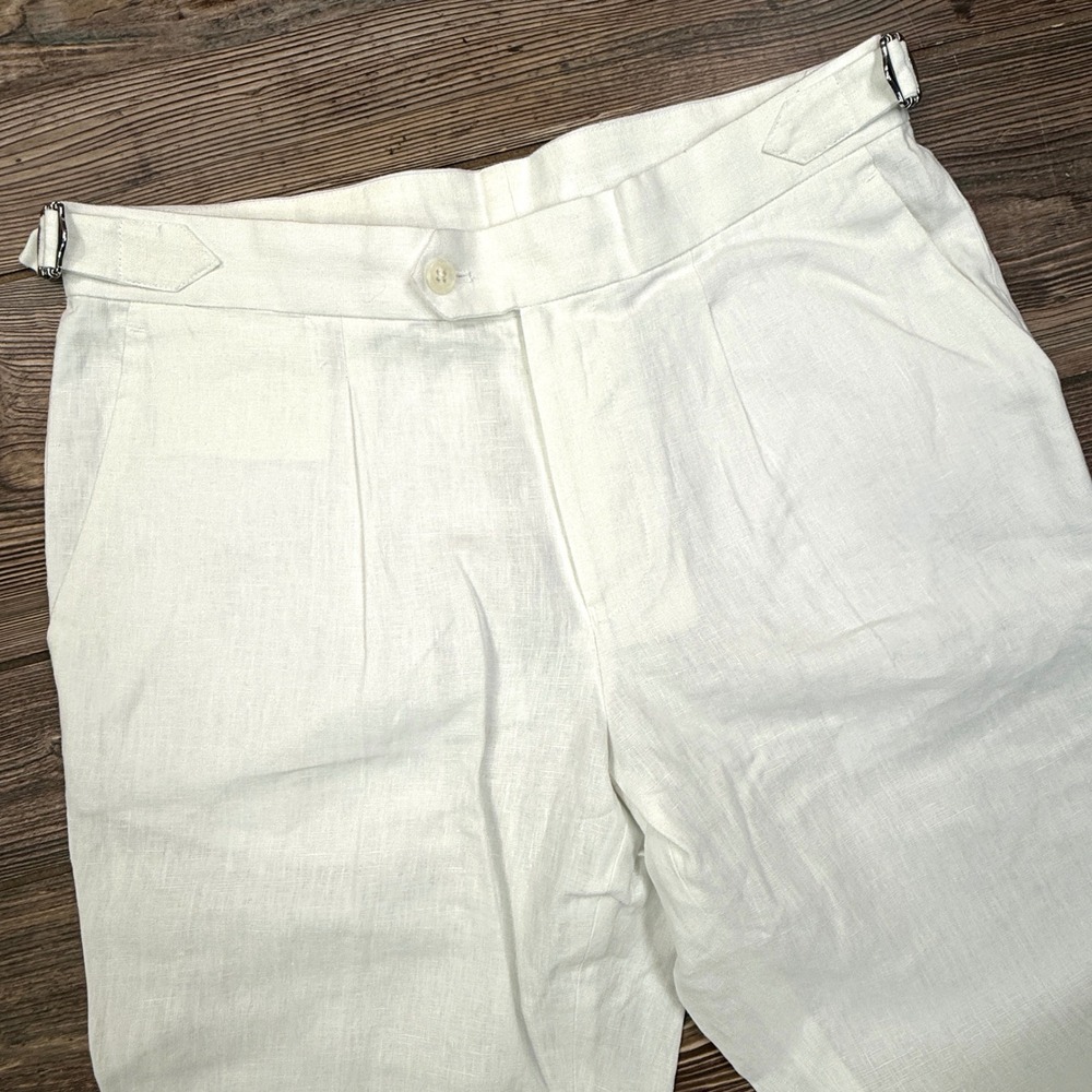 Collars & Co Mens Size 30x30 Linen Trousers White Side Adjuster Pleated Cuffed - Picture 3 of 10